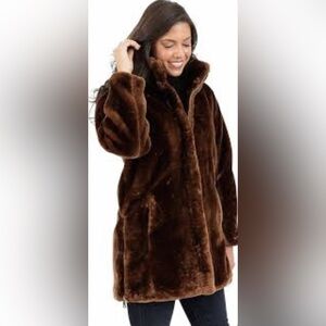 Nine West | Women’s brown midi length faux fur zipper front jacket, size S